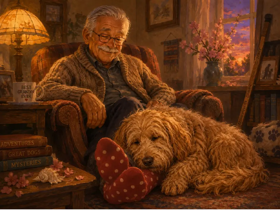 Grandpa seated with Koa resting beside him and the red polka-dot socks nearby